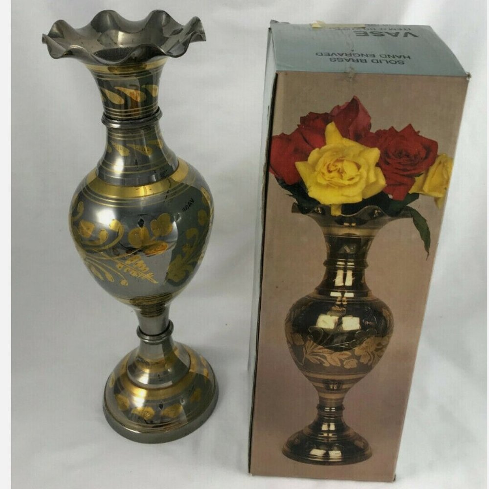 Hand Etched Solid Brass Vase Floral Ruffled Scalloped Edge Made in India